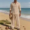 2026 Conjunto de Lino de Cuatro Estaciones Estilo Americano Transfronterizo para Hombre, Casual, Holgado, Transpirable, Manga Larga, Pantalones Largos, Camisa, Conjunto de Playa en Stock