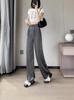 [2435] Nuevos pantalones chinos de seda de hielo para mujer, pantalones de verano de pierna ancha y estrecha, pantalones Guofeng rectos, casuales y frescos.