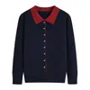 Outono e Inverno 2026 Novo Estilo Gola Lapela Manga Longa Azul Marinho Malha Feminina Design Francês Nicho Lã Top