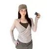 Talla extra 2026 principios de otoño nuevo estilo coreano casual manga larga con cuello en V, con cuello halter y tirantes, conjunto de dos piezas