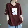Comércio Exterior Transfronteiriço Roupas de Verão para Mães Estampadas Decote V Solto Tamanho Grande Casual Elegante Camiseta Feminina para Mulheres de Meia-Idade