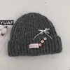 Gorro de punto de mezcla de lana estilo coreano para mujer, cálido y adelgazante, con lazo floral, adecuado para tallas de cabeza grandes