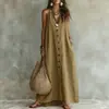 2026 Estación Independiente Transfronteriza de Verano Europea y Americana Nuevo Estilo para Mujer Color Sólido Botón Casual Moda Lino Sintético Vestido Largo