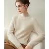 Suéter de cachemira para mujer, amigable con la piel, con bordes enrollados, cuello semi alto, manga larga, ajuste holgado, capa base, tejido de punto listo para usar de primera línea