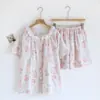 Novo Pijama de Algodão Fino para Primavera e Verão Feminino Doce de Verão Manga Curta Shorts Gaze de Algodão Roupa de Casa conjunto