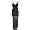 Amazon deseo verano nuevo vestido de tirantes con cuello en V para mujer sexy perspectiva gasa costuras vestido con abertura alta