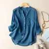 Camisa de Algodón y Lino Delgada de Verano Artística Retro para Mujer, Chaqueta Camisa Holgada con Cuello en V, Top Casual de Manga Media para Mujer