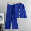 Conjunto de Dos Piezas de Moda Casual Europea Transfronteriza para Mujer en Otoño e Invierno Versátil Suéter Cardigan de Punto con Hebilla Metálica Traje de Pantalones de Pierna Ancha