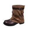 Botas femininas de salto alto empilhadas com fivela de rebite estilo retrô, novo modelo outono 2026, botas de tornozelo com salto grosso, botas de motociclista, botas western cowboy