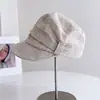 Gorra de Boina de Algodón y Lino con Pliegues Artísticos para Mujer, Gorra de Béisbol Versátil a Cuadros de Otoño, Gorra con Protección Solar, Moderna