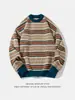 Suéter Retrô de Listras Coloridas com Gola Redonda para Homens, Estilo Outono e Inverno, Tricô Grosso, Estilo Solto e Relaxado, Tricô Pulôver Macio