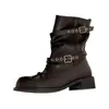 Hebilla de lazo hebilla de cinturón de cuero Botas Martin para mujer botas de motocicleta otoño piel de oveja de dos capas punta redonda tacón medio grueso botas casuales botas cortas para mujer 40