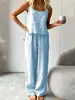 Suministro Directo de Fábrica En Stock Conjunto de Dos Piezas de Algodón y Lino para Mujer, Pantalones Largos Sueltos sin Mangas de Verano, Dropshipping Transfronterizo