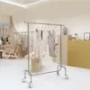 Estante de Exhibición para Tienda de Ropa Barra para Colgar Ropa de Pie Plata Cepillada de Acero Inoxidable con Ruedas Estante de Exhibición de Estantería para Tienda de Ropa de Mujer