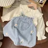 Vestido de bebé con tirantes para niña, conjunto de ropa infantil elegante, nuevo conjunto de dos piezas de mezclilla con cuello de muñeca, atuendo moderno