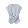 Blusa de Tricô Chic Estilo Coreano, Caimento Relaxado, Cor Azul Leite, Cintura Marcada, Pregueada, para Mulheres, com Barra Irregular e Design Emagrecedor