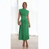 Vestido Largo de Verano con Estilo Callejero Dulce y de Moda Europeo y Americano para Comercio Exterior, Cuello Alto, Color Macarrón, que Muestra la Cintura