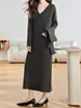 Vestido Jersey Bufanda de Botones con Cuello en V Estilo Francés, Nuevo Otoño e Invierno Holgado Talla Grande Largo de Punto Básico Transfronterizo