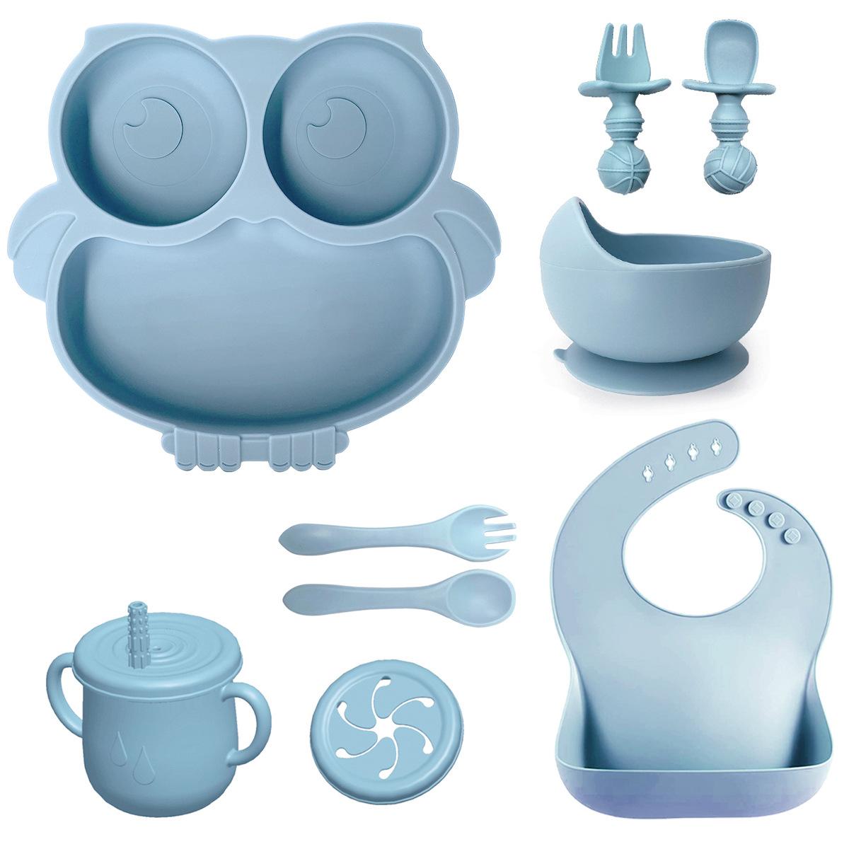 B9-1灰蓝9件套-猫头鹰盘+围兜+蜗牛碗+长短叉勺+水滴杯