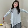 Conjunto de Camiseta Básica de Punto para Niñas 2026 Primavera Estilo Coreano para Niños Hueco Irregular Elegante Pantalones de Pierna Ancha Conjunto de Tres Piezas