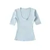 Camiseta sexy de color liso, manga media, cuello en V profundo, estilo puramente deseable para mujer, top base de yoga ajustado estilo americano al por mayor