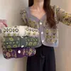 Cárdigan corto de punto estilo coreano para primavera y otoño, ins, floral, chic, cuello cuadrado, bloques de color, chaqueta suéter chic y elegante para mujer