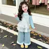 Conjunto de Primavera para Niñas Nueva Moda Infantil con Lunares y Tirantes de Encaje Pantalones de Pierna Ancha Estilo Coreano Conjunto de Tres Piezas de Moda para Niñas