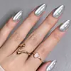 24 piezas de uñas listas para usar de la fábrica de origen, uñas postizas terminadas en forma de almendra con diseño de estrella y ojo de gato en color gris