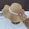 Sombrero de Paja con Lazo de Encaje de Borde Ondulado para Mujer, Sombrero Tejido de Ala Ancha para Verano, Sombrero de Protección Solar para Vacaciones en la Playa junto al Mar