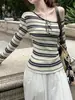 Camiseta listrada assimétrica casual retrô estilo coreano para mulheres, novo top curto sexy justo para outono, ombro a ombro