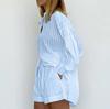 Camisa Jacquard Estilo Europeo y Americano Otoño e Invierno 2025 para Mujer Pantalones Cortos Rayados de Manga Abullonada Diseño para Viajar Traje Casual