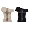 UNBDNS Moderna Chica Caliente Graffiti Cruz 3D Remache Negro Cuello Asimétrico Hombros Descubiertos Ajustado Manga Corta Camiseta para Mujer Verano