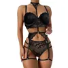 Lencería Sexy Tallas Grandes Europea y Americana Conjunto Sexy Estampado Moiré de Tres Puntos Conjunto Sexy de Encaje de Tres Piezas con Almohadilla en el Pecho