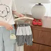 Tirantes a Cuadros Ins Retro Estilo Coreano para Niños Pequeños con Parches de Dibujos Animados, Cintura Elástica con Encaje, Pantalones Jogger Sueltos para Verano
