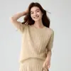 Baicai Terciopelo 100% Cachemir Puro Estilo Nuevo Suéter de Punto Suave de Manga Corta para Mujer Cuello Redondo Manga Media Camiseta Suéter de Punto Trenzado