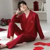 Pijama de gasa de algodón para hombre, conjunto de primavera y otoño de manga larga y pantalón largo, cárdigan rojo de cuello de solapa, ropa de casa holgada y festiva para hombre