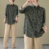 Camisa Retro Estampada de Algodón y Lino para Mujer, Top Artístico Holgado Casual de Manga Larga, Nuevo Estilo Primavera Verano 2024