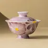 Tigela Coberta de Margaridas Roxas Pintadas à Mão do Fabricante Tigela de Chá de Cerâmica Exquisite com Tampa Conjunto de Chá Kung Fu de Alta Qualidade Caneca de Chá