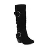 Botas Femininas de Comércio Exterior Outono e Inverno, Bico Redondo, Salto Alto Bloco, Botas Femininas de Couro Camurça, Botas de Cano Médio com Fivela de Cinto, Tamanhos 40-43 Sapatos Femininos