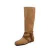 Botas Femininas Fashion com Franjas 2026 Outono/Inverno Novo Salto Quadrado Bico Redondo Salto Baixo Altas até o Joelho