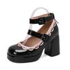 Sapatos de Salto Alto Grossos Mary Jane com Cadarço, Babados e Bico Quadrado, Novo Estilo, Tamanhos Grandes 33-43, Sapatos de Comércio Exterior