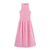 Vestido Midi de Verão Feminino Estilo Europeu e Americano Gola Redonda Comprimento Médio Xadrez Sem Mangas 26022