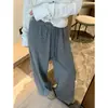 Pantalones anchos de rayas en gris oscuro de textura fina estilo coreano para mujer, con cintura elástica ajustable con cordón, corte holgado, caída fluida y diseño casual hasta el suelo para otoño e invierno