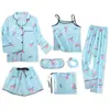 Pijama Delgado Estilo Ins Transfronterizo de Comercio Exterior para Mujer, Conjunto de Siete Piezas para Primavera y Otoño, Ropa de Casa con Patrón de Grulla, Pijama Delgado para Todas las Estaciones