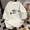Camiseta de Algodão Puro Pesado com Estampa de Gato Graffiti Estilo Americano Tendência para Mulheres, Novo Verão 2026 Estilo Hong Kong Solta Manga Curta Ins