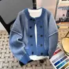 Cárdigan de punto a rayas retro estilo japonés para hombre, con diseño de múltiples botones, corte holgado y chaqueta suéter de bloques de color azul para otoño e invierno