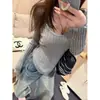 Top de Punto con Patchwork de Encaje Estilo Coreano de Manga Larga para Mujer Otoño Absolutamente Hermoso Capa Interior Capa Base Top