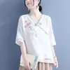 Ropa de Algodón y Lino para Mujer 2023, Bloques de Color, Cuello Asimétrico, Bordado, Manga Media, Top Artístico de Cuello en V, Camisa Retro Estilo Chino, Atuendo para el Té