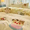 Juego de Ropa de Cama de Cuatro Piezas Bordado de Dibujos Animados Clase A, Sábana de Algodón Puro, Funda de Edredón, Funda de Colcha para Dormitorio, Juego de Tres Piezas, Sábana Ajustable 4