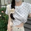 Foto Real de Camiseta de Manga Corta con Lunares para Mujer 2025 Verano Nuevo Diseño Corte Slim Hombro Derecho Top Corto